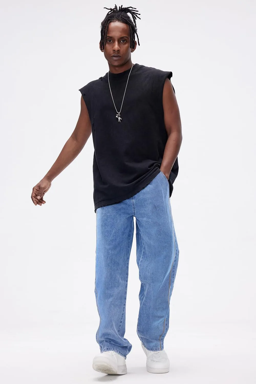 Mens Baggy Jeans Elastic Waisted Denim Pants for Men with Drawstring Streetwear