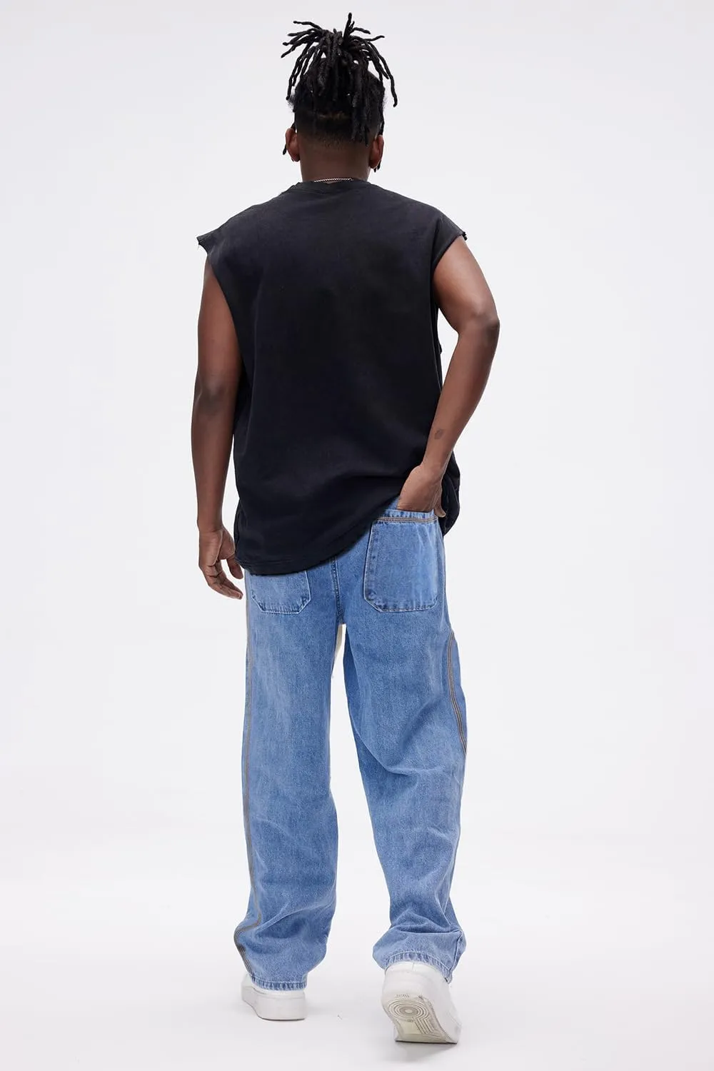 Mens Baggy Jeans Elastic Waisted Denim Pants for Men with Drawstring Streetwear
