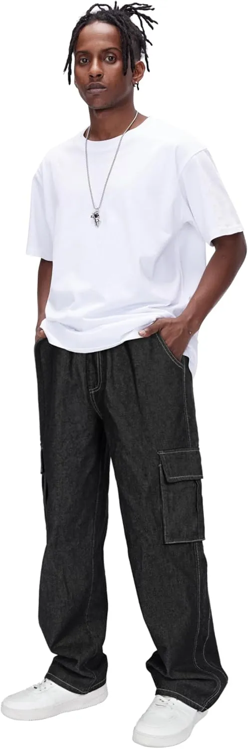 Mens Baggy Jeans Elastic Waisted Denim Pants for Men with Drawstring Streetwear