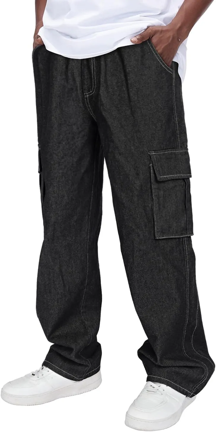 Mens Baggy Jeans Elastic Waisted Denim Pants for Men with Drawstring Streetwear