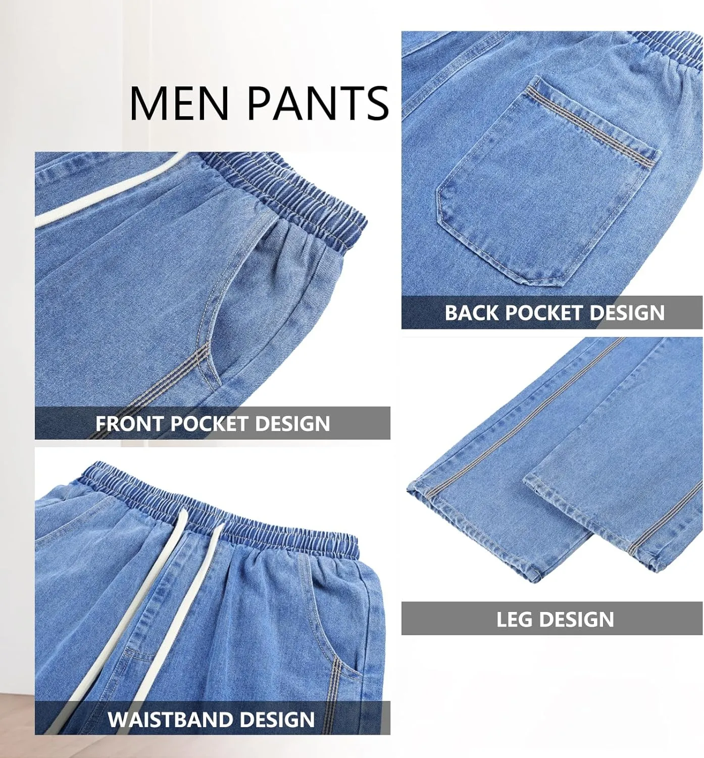 Mens Baggy Jeans Elastic Waisted Denim Pants for Men with Drawstring Streetwear