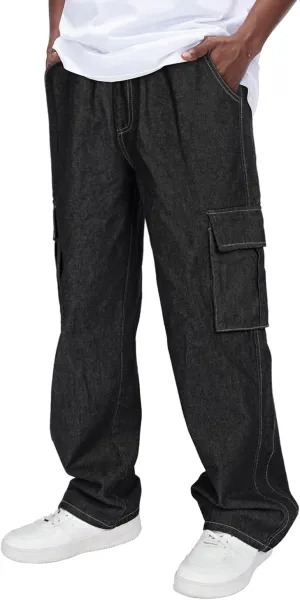 Mens Baggy Jeans Elastic Waisted Denim Pants for Men with Drawstring Streetwear