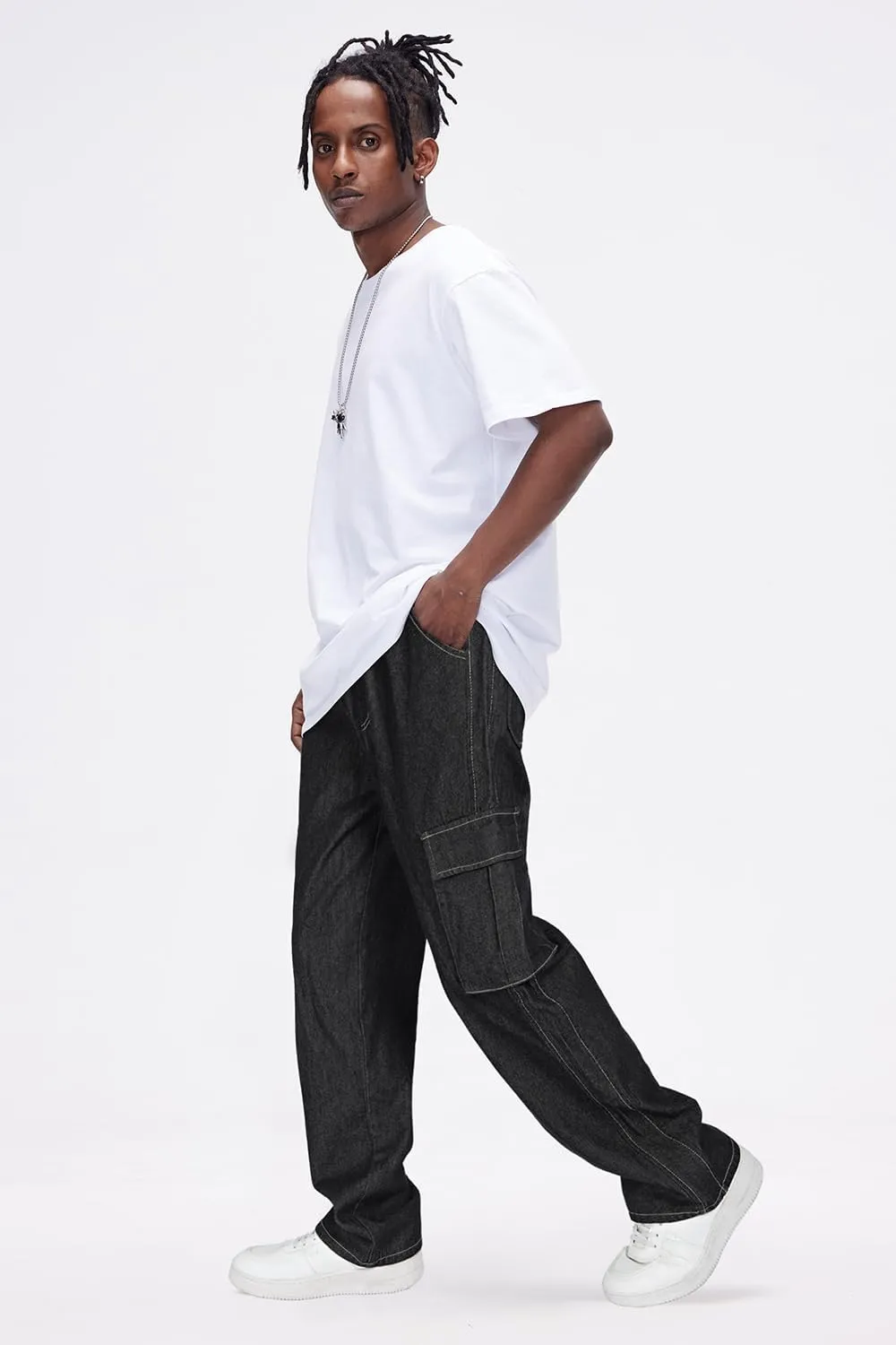 Mens Baggy Jeans Elastic Waisted Denim Pants for Men with Drawstring Streetwear
