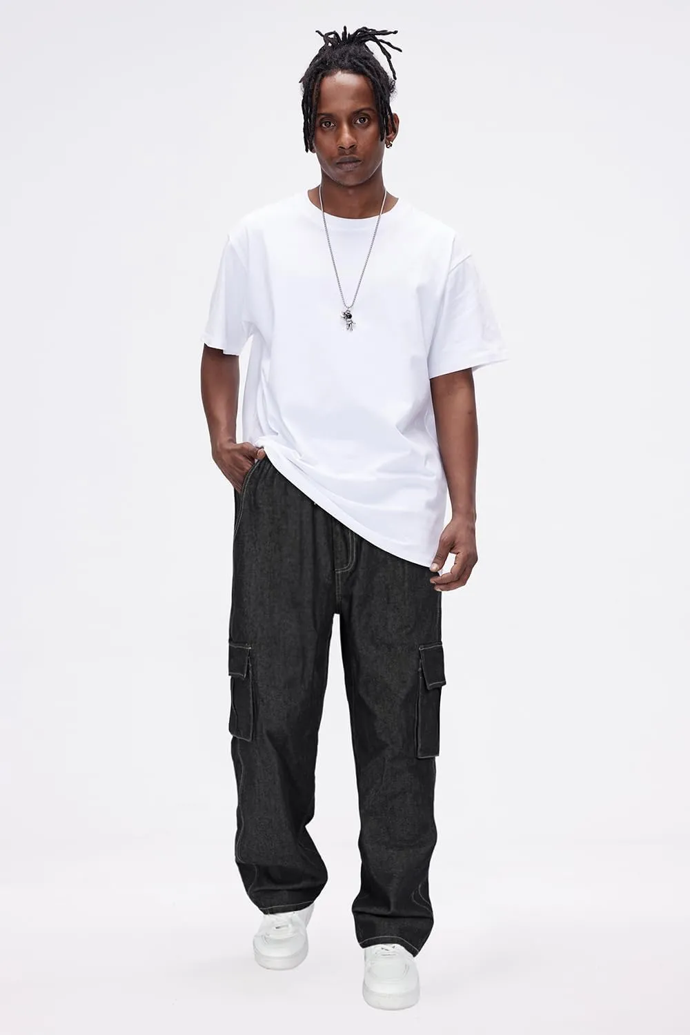 Mens Baggy Jeans Elastic Waisted Denim Pants for Men with Drawstring Streetwear