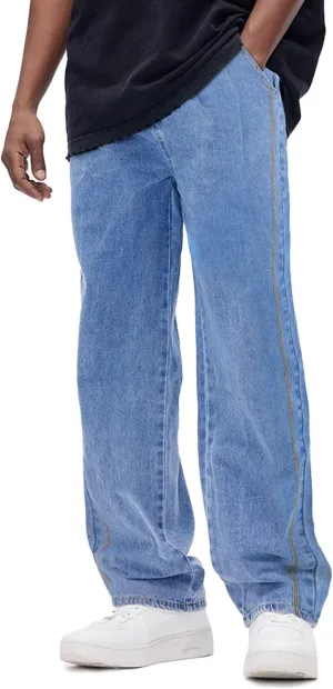 Mens Baggy Jeans Elastic Waisted Denim Pants for Men with Drawstring Streetwear