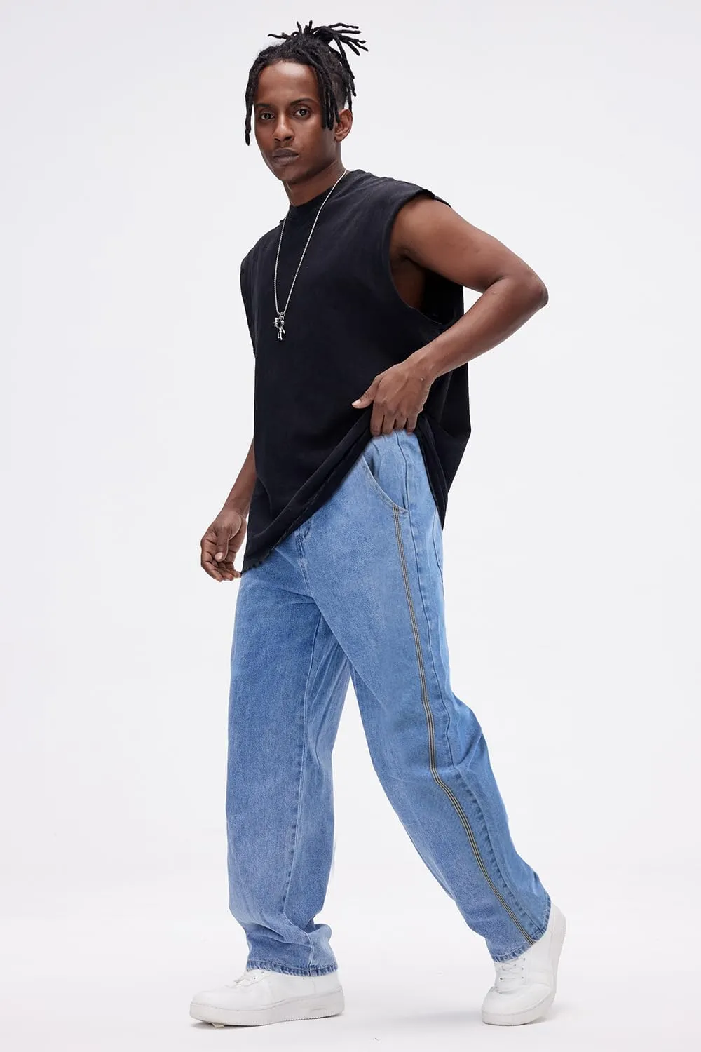 Mens Baggy Jeans Elastic Waisted Denim Pants for Men with Drawstring Streetwear