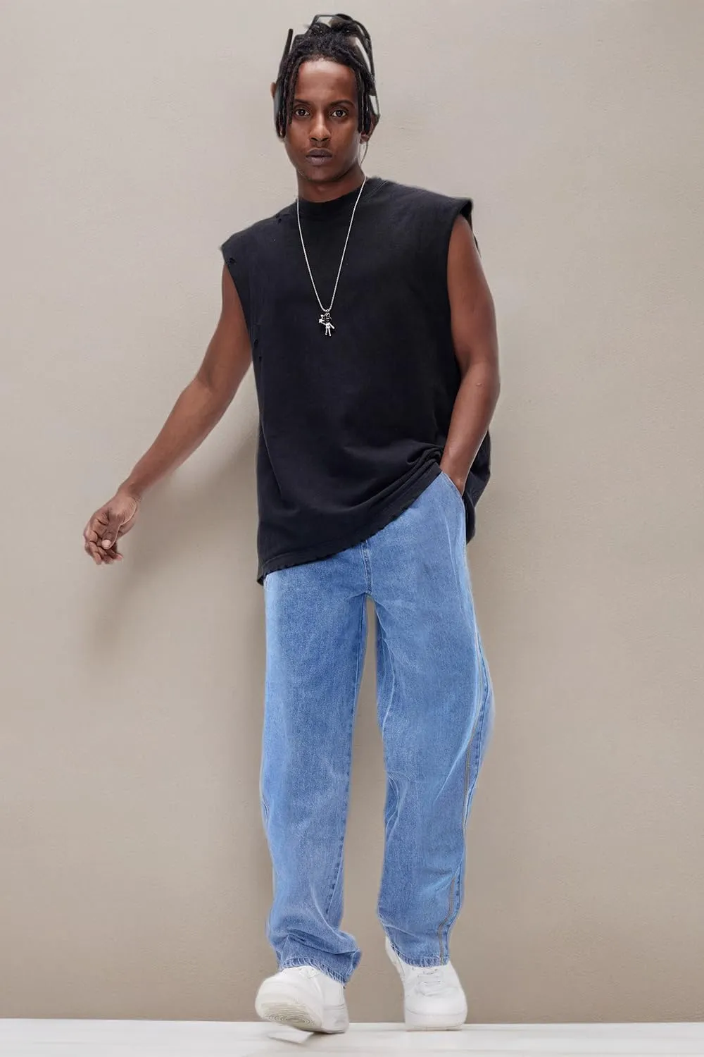 Mens Baggy Jeans Elastic Waisted Denim Pants for Men with Drawstring Streetwear