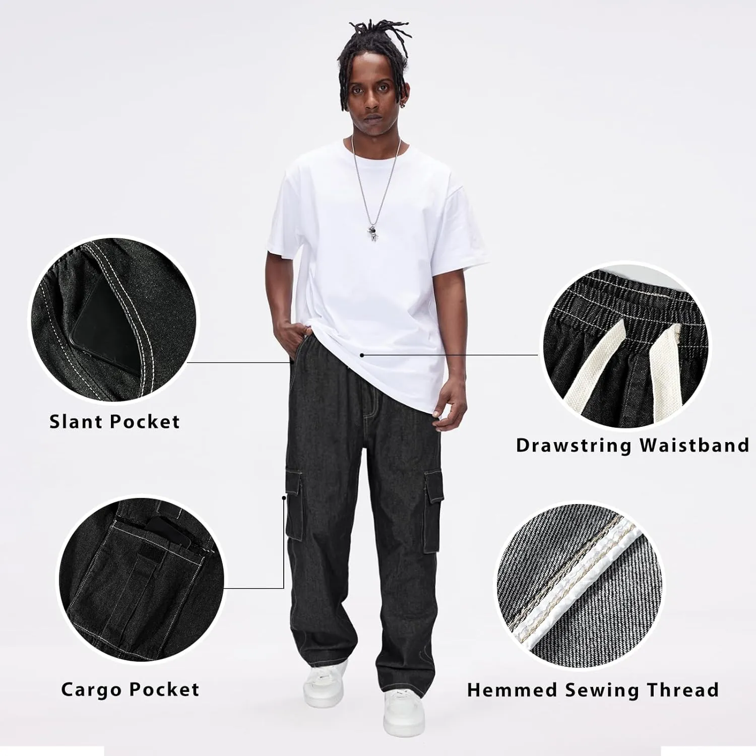 Mens Baggy Jeans Elastic Waisted Denim Pants for Men with Drawstring Streetwear