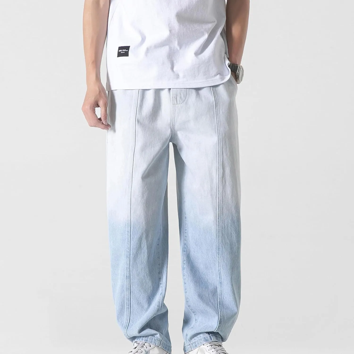 Mens Baggy Jeans Relaxed Fit Elastic Waist Straight Jeans Pants Fashion Gradient Hip Pop Skater Jeans Denim Pants