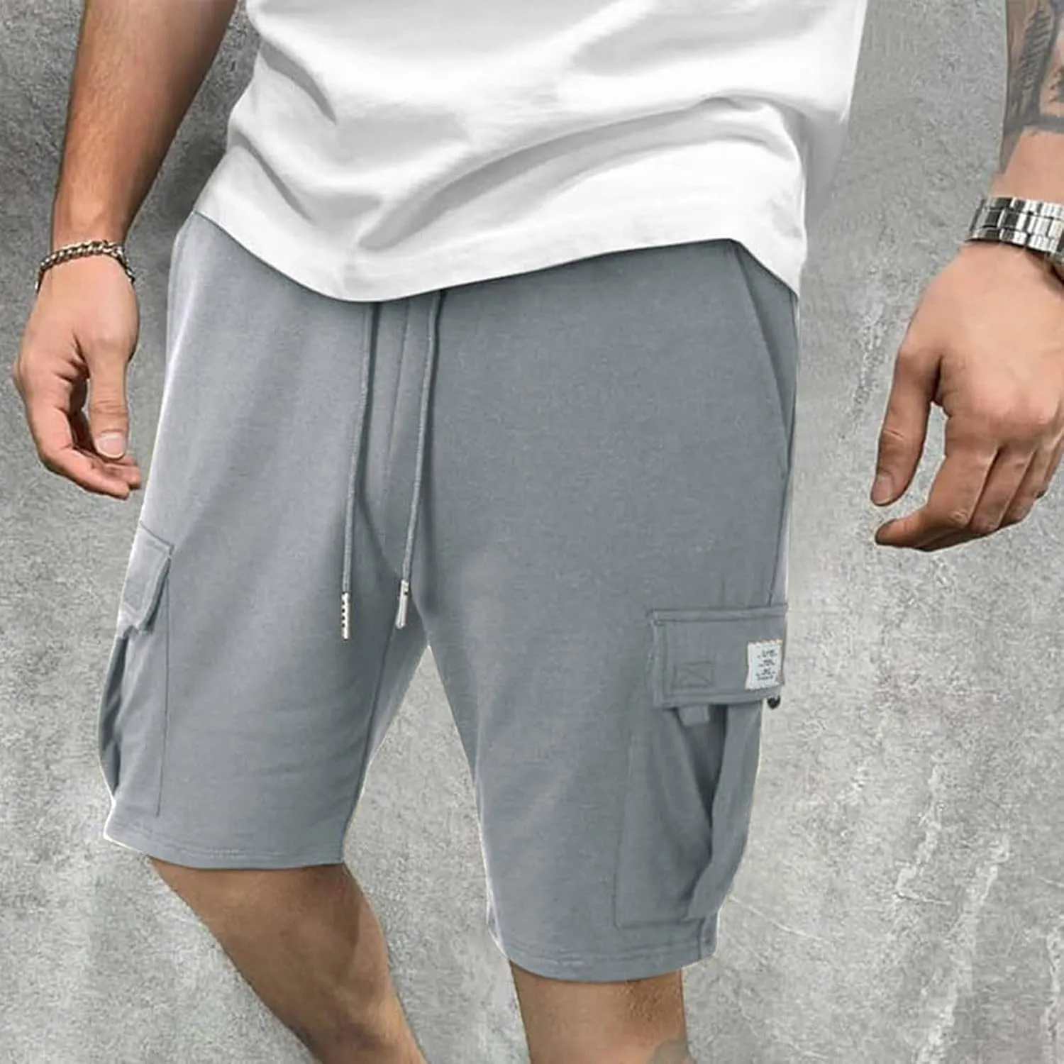 Mens Cargo Shorts Cotton Elastic Waist Casual Shorts Drawstring Athletic Shorts with Multi Pockets