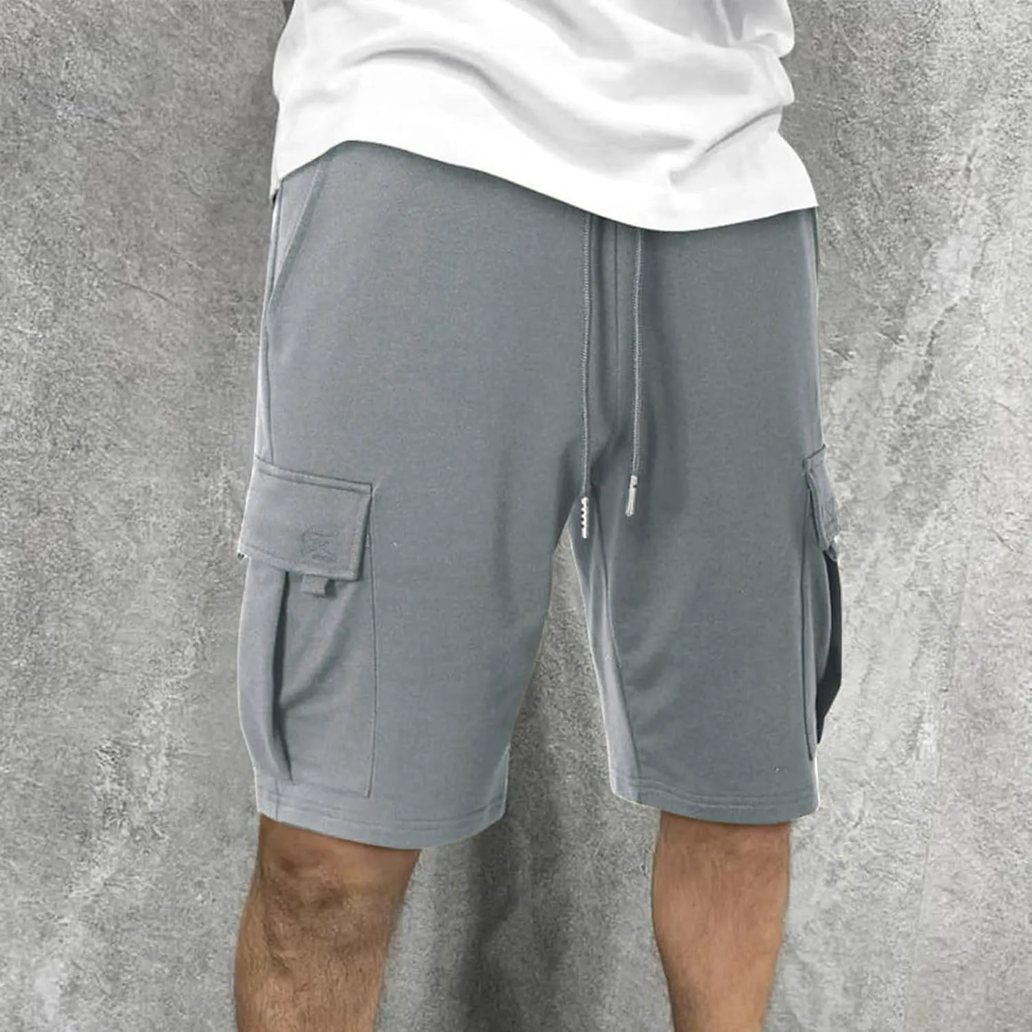 Mens Cargo Shorts Cotton Elastic Waist Casual Shorts Drawstring Athletic Shorts with Multi Pockets