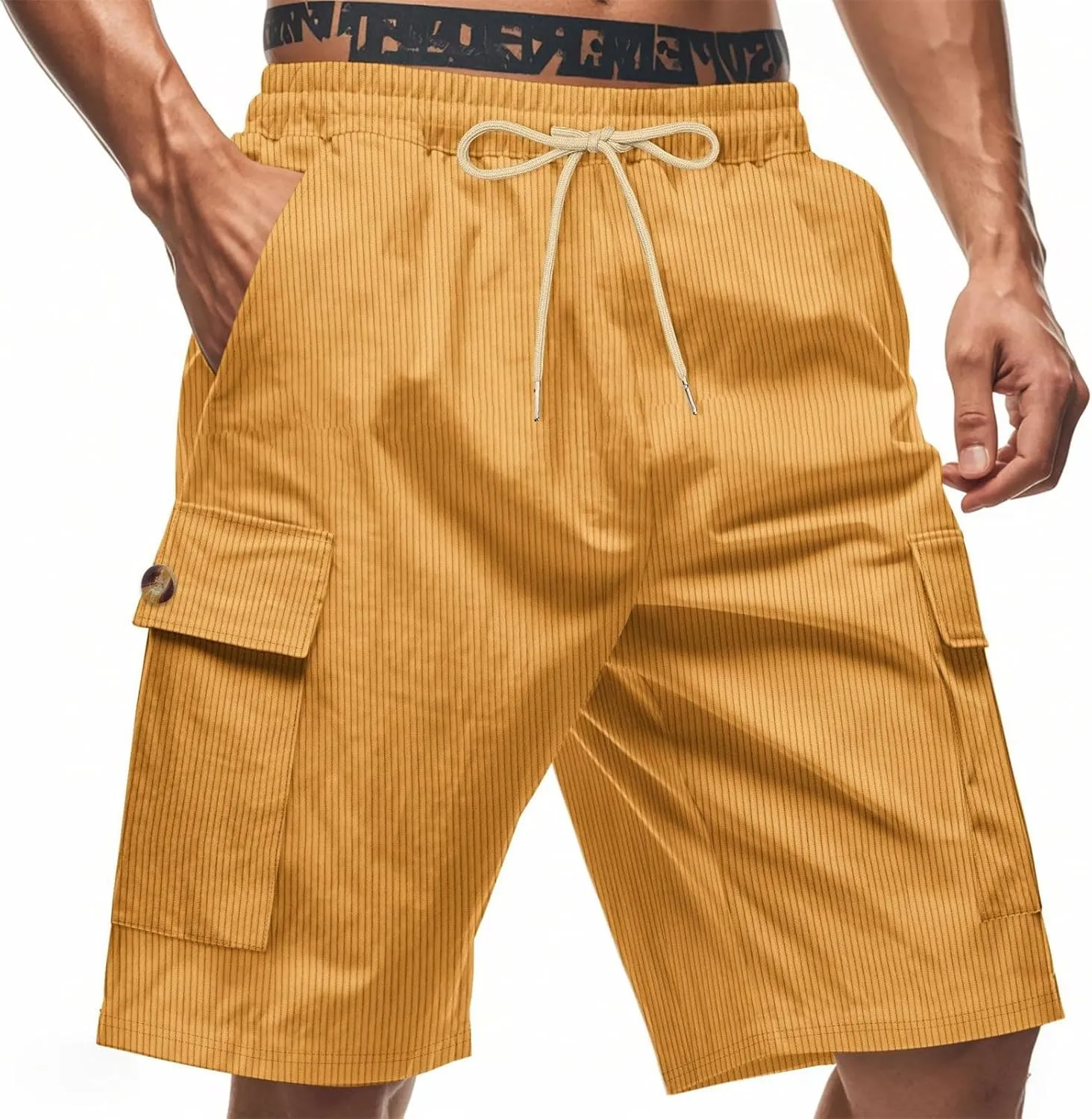 Mens Corduroy Shorts 2025 Summer Elastic Waist Drawstring Relaxed Fit Comfy Casual Cargo Pants Outdoor Camping Shorts