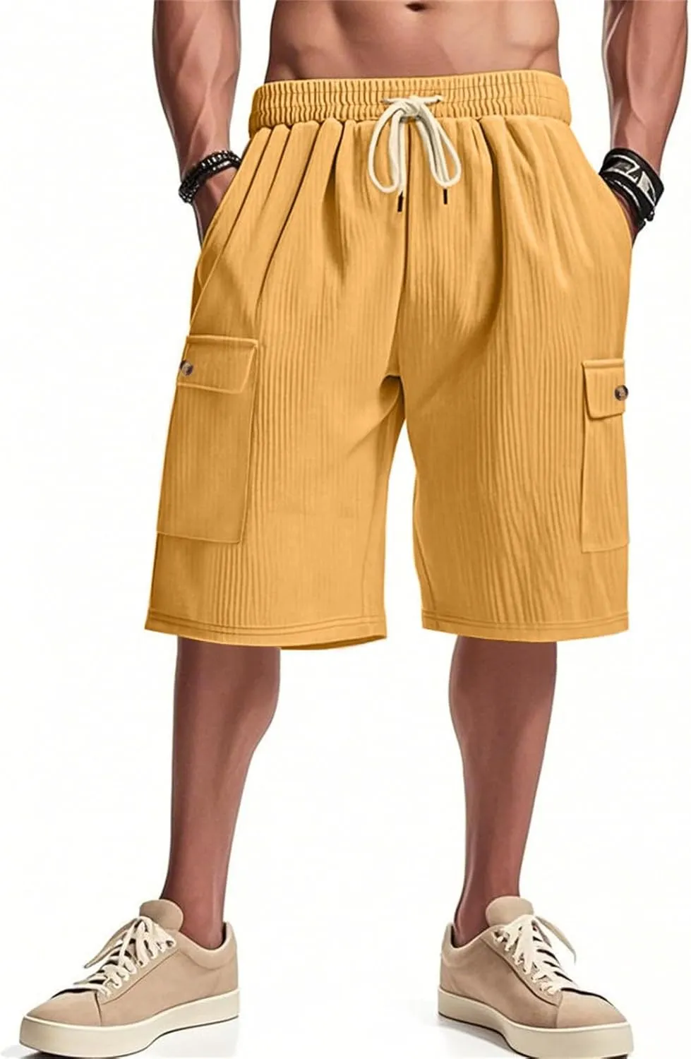 Mens Corduroy Shorts 2025 Summer Elastic Waist Drawstring Relaxed Fit Comfy Casual Cargo Pants Outdoor Camping Shorts