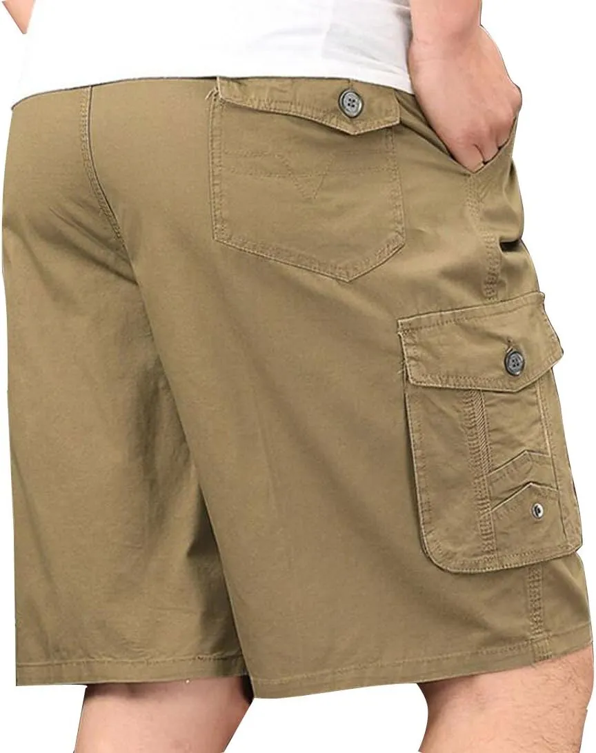 Men's Cotton Full Elastic Waist Cargo Shorts Loose Fit Drawstring Short