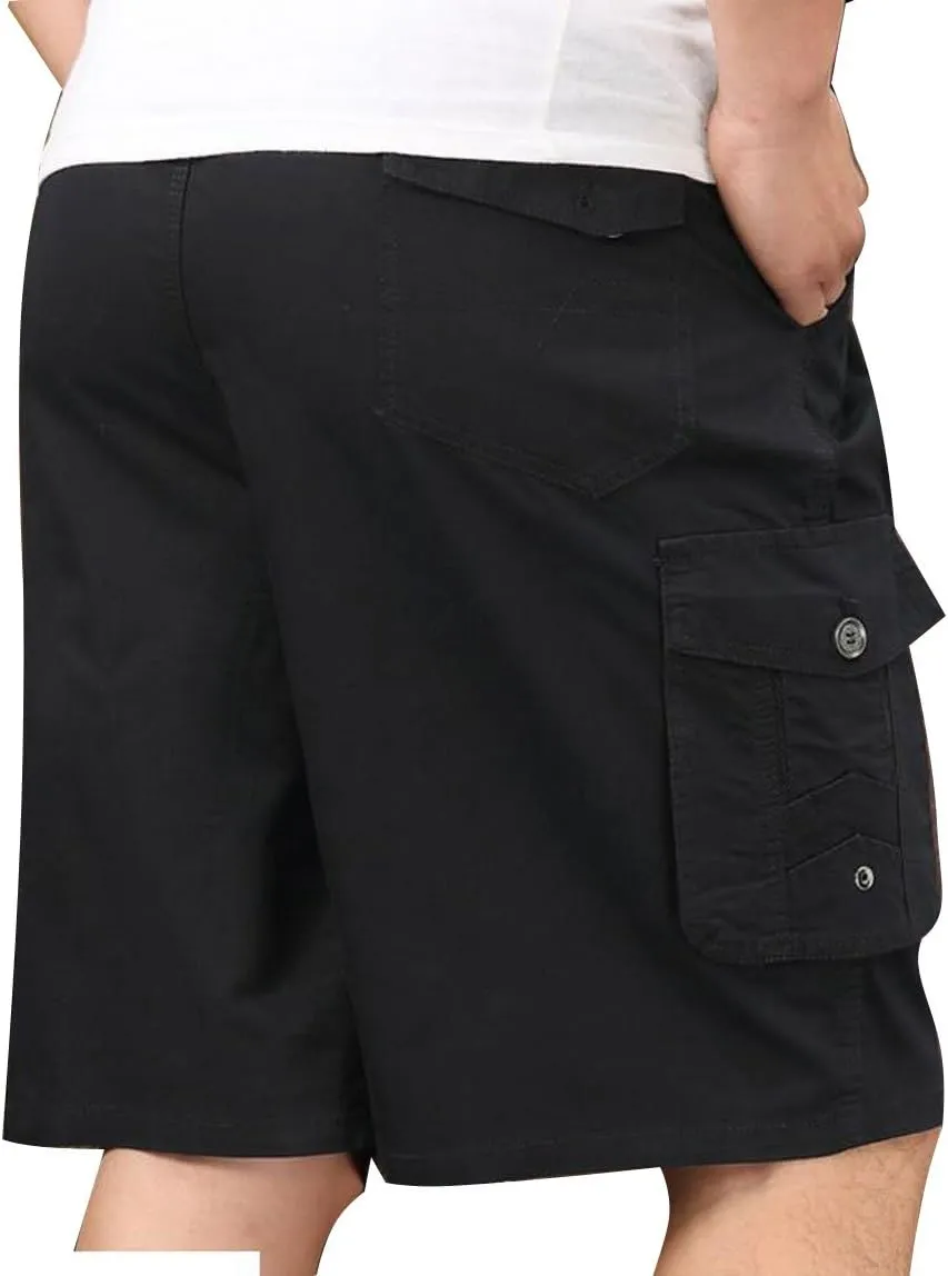 Men's Cotton Full Elastic Waist Cargo Shorts Loose Fit Drawstring Short
