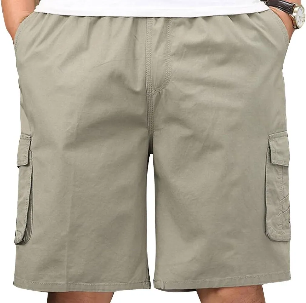 Men's Cotton Full Elastic Waist Cargo Shorts Loose Fit Drawstring Short