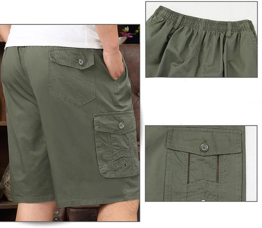 Men's Cotton Full Elastic Waist Cargo Shorts Loose Fit Drawstring Short