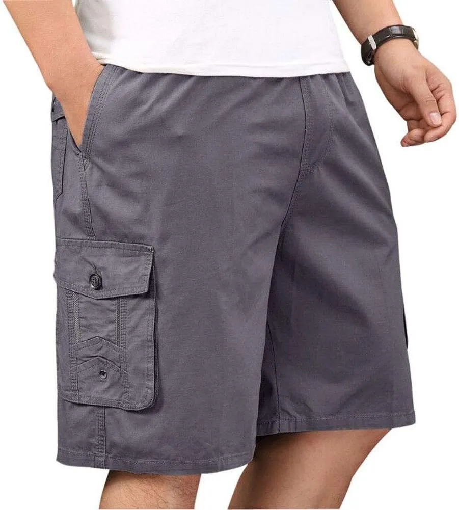Men's Cotton Full Elastic Waist Cargo Shorts Loose Fit Drawstring Short