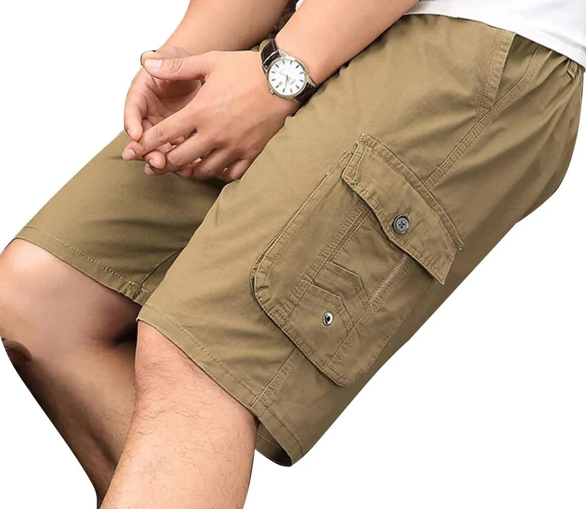 Men's Cotton Full Elastic Waist Cargo Shorts Loose Fit Drawstring Short