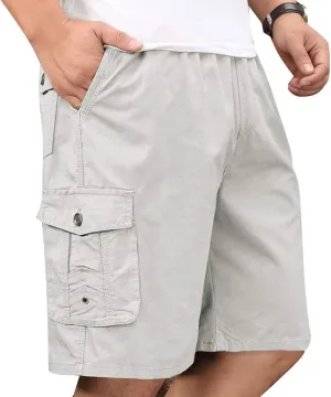 Men's Cotton Full Elastic Waist Cargo Shorts Loose Fit Drawstring Short