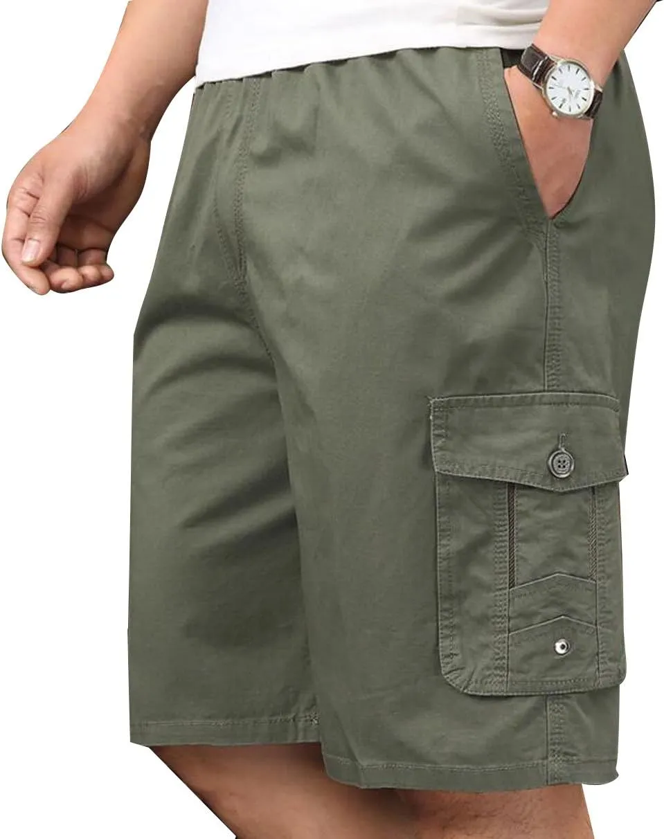 Men's Cotton Full Elastic Waist Cargo Shorts Loose Fit Drawstring Short