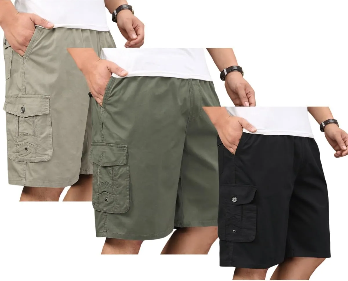 Men's Cotton Full Elastic Waist Cargo Shorts Loose Fit Drawstring Short