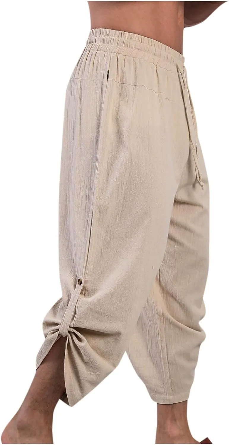 Mens Cotton Linen Drawstring Elastic Waist Casual Jogger Yoga Pants Slim Fit Lounge Cropped Pants Workout Pants
