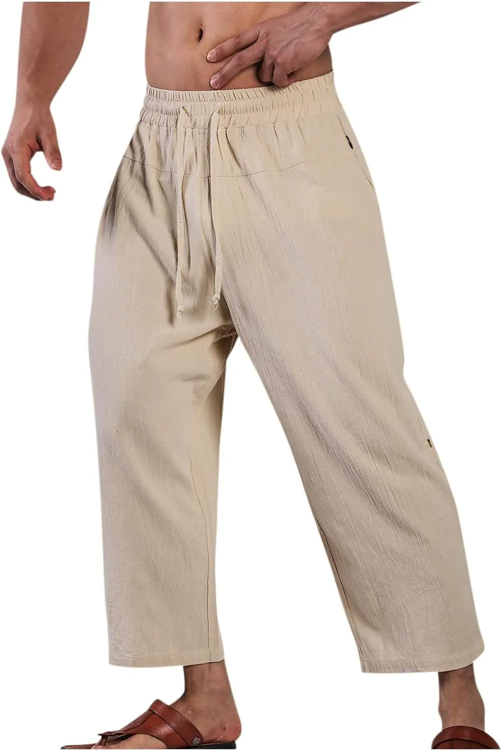 Mens Cotton Linen Drawstring Elastic Waist Casual Jogger Yoga Pants Slim Fit Lounge Cropped Pants Workout Pants