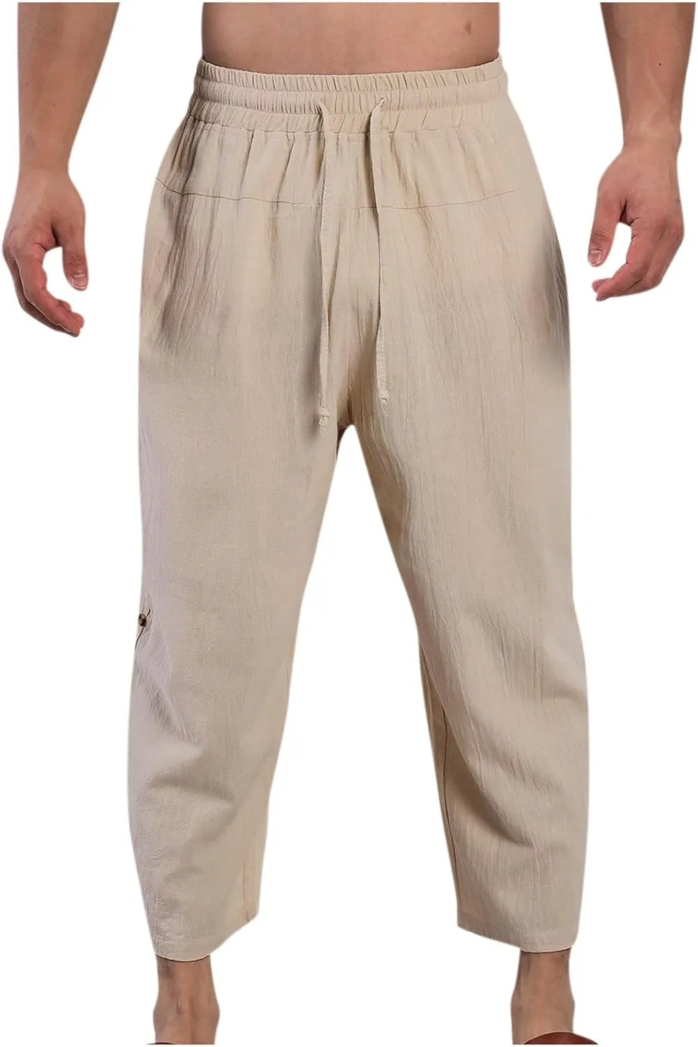 Mens Cotton Linen Drawstring Elastic Waist Casual Jogger Yoga Pants Slim Fit Lounge Cropped Pants Workout Pants