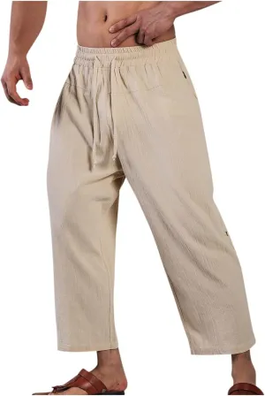 Mens Cotton Linen Drawstring Elastic Waist Casual Jogger Yoga Pants Slim Fit Lounge Cropped Pants Workout Pants