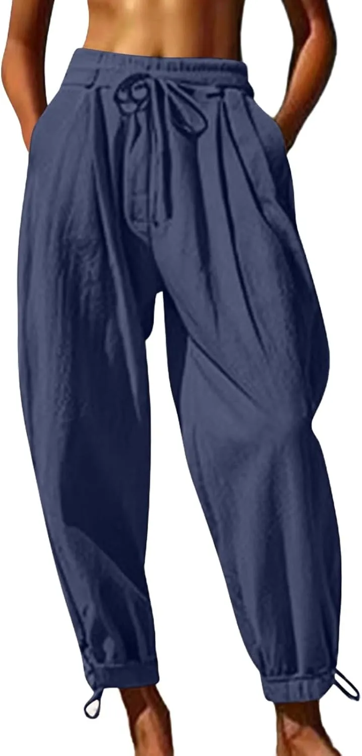 Men's Cotton Linen Harem Pants Soft Stretchy Waist Casual Hippie Trousers Lightweight Loose Fitting Beach Yoga Pant