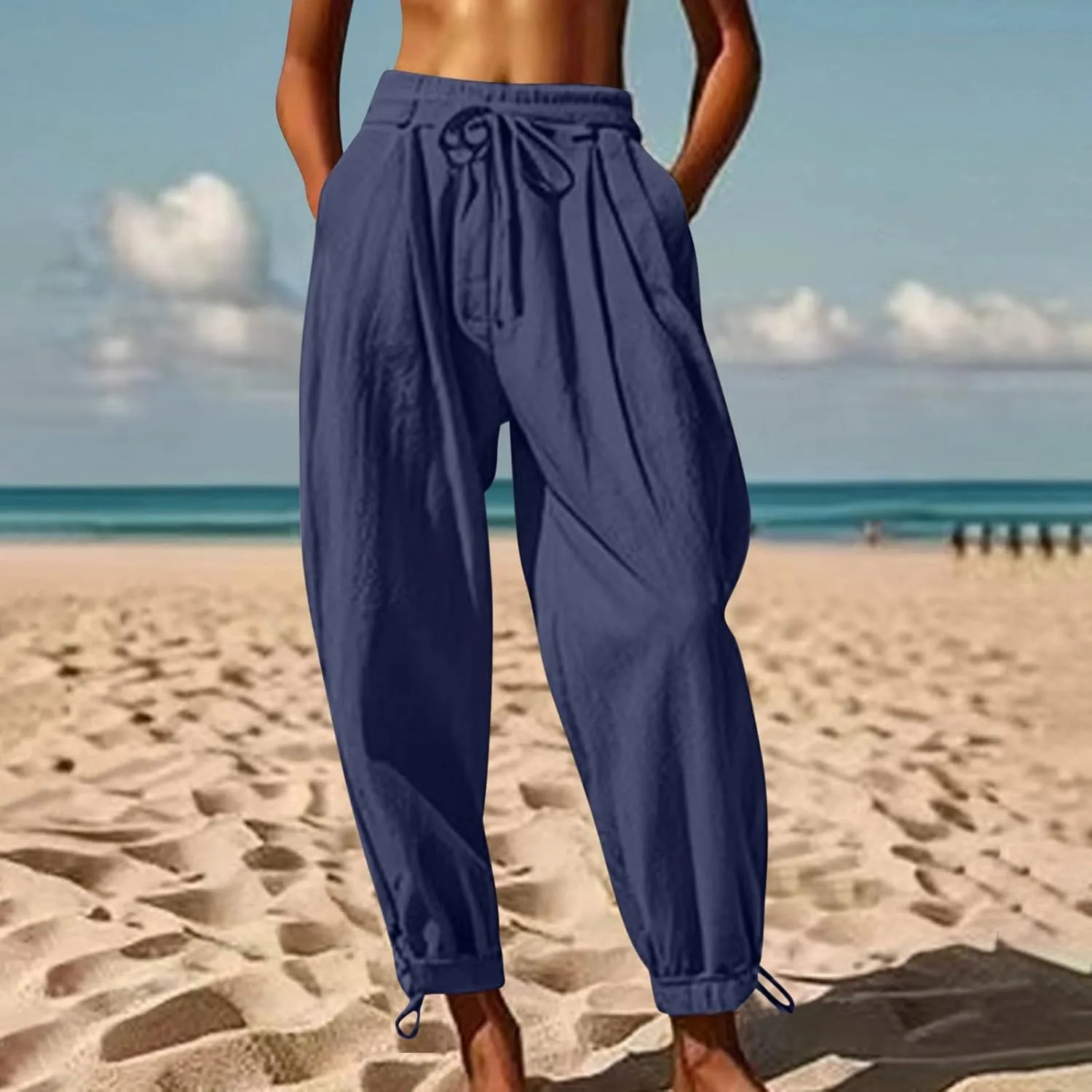 Men's Cotton Linen Harem Pants Soft Stretchy Waist Casual Hippie Trousers Lightweight Loose Fitting Beach Yoga Pant