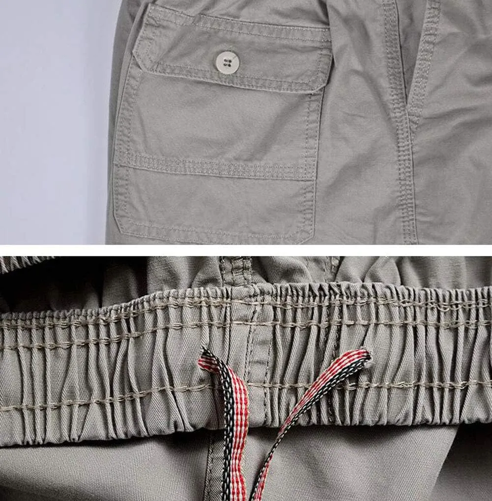 Mens Cotton Loose Drawstring Cargo Short with Full Elastic Waist