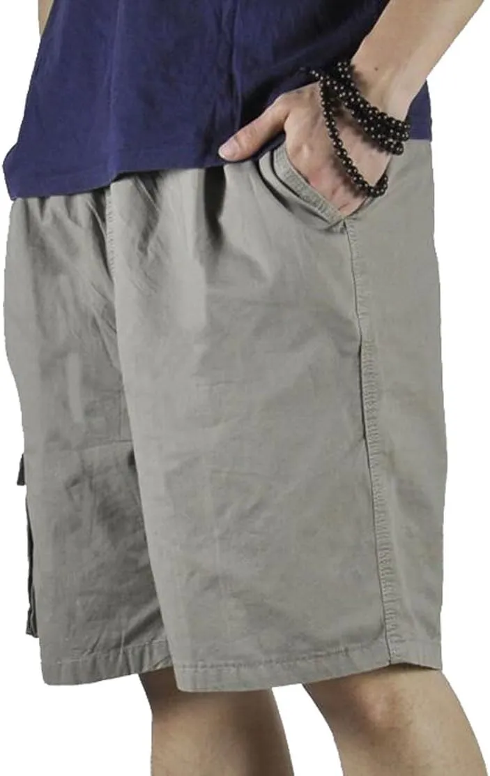 Mens Cotton Loose Drawstring Cargo Short with Full Elastic Waist