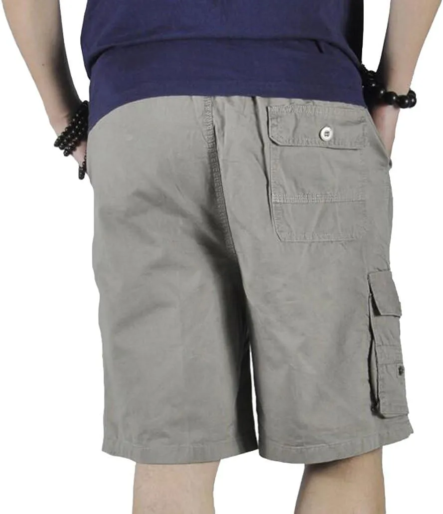 Mens Cotton Loose Drawstring Cargo Short with Full Elastic Waist