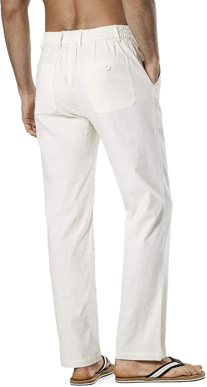 Men's Drawstring Linen Pant Elastic Waist Relaxed-Fit Casual Beach Trousers
