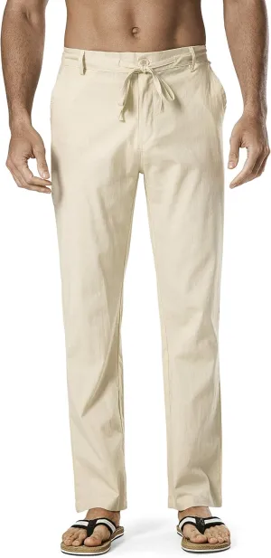 Men's Drawstring Linen Pant Elastic Waist Relaxed-Fit Casual Beach Trousers