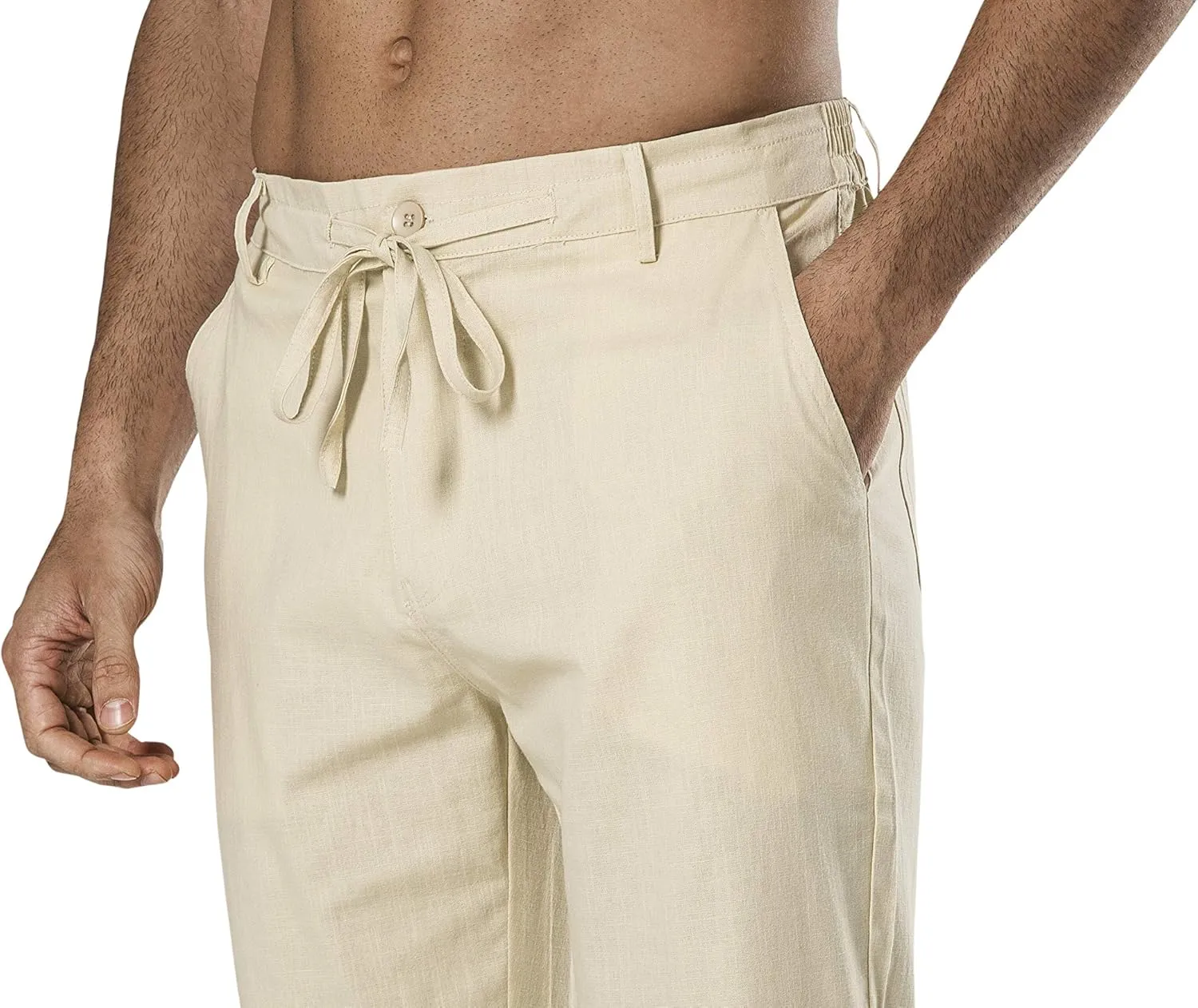 Men's Drawstring Linen Pant Elastic Waist Relaxed-Fit Casual Beach Trousers
