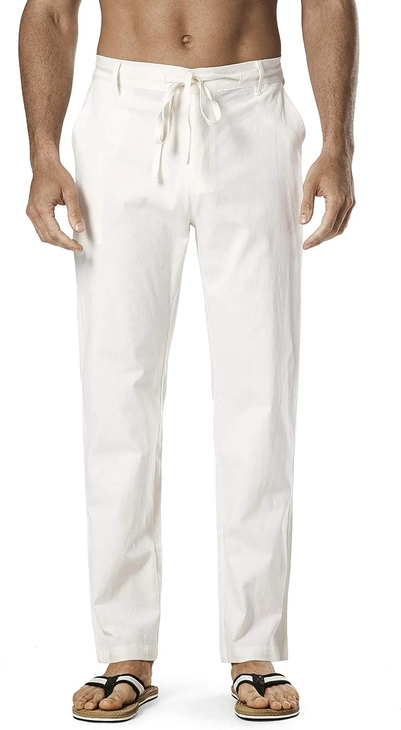 Men's Drawstring Linen Pant Elastic Waist Relaxed-Fit Casual Beach Trousers