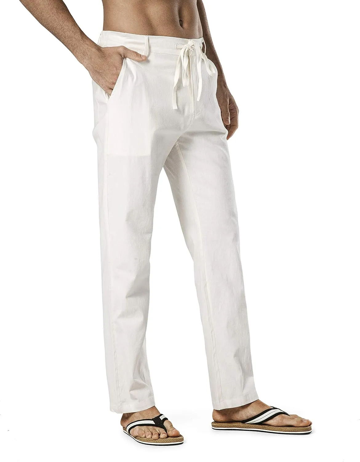 Men's Drawstring Linen Pant Elastic Waist Relaxed-Fit Casual Beach Trousers