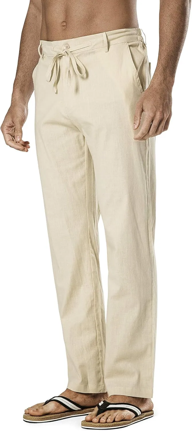 Men's Drawstring Linen Pant Elastic Waist Relaxed-Fit Casual Beach Trousers