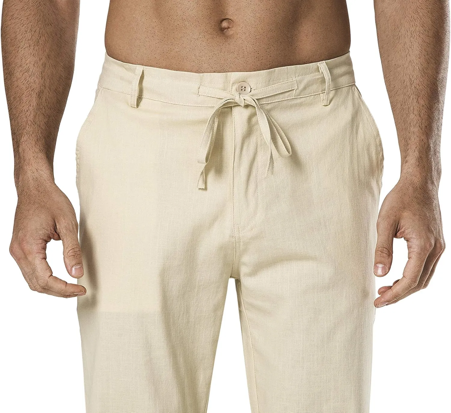 Men's Drawstring Linen Pant Elastic Waist Relaxed-Fit Casual Beach Trousers