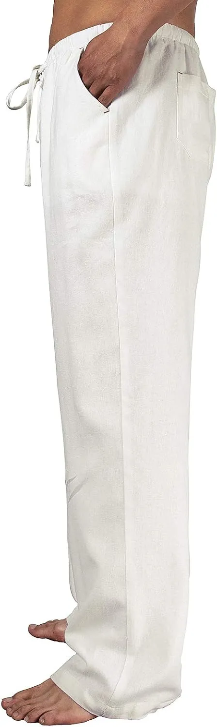 Men's Drawstring Loose Linen Beach Pants Lightweight Elastic Waist Yoga Lounge Cotton Trousers Pajamas