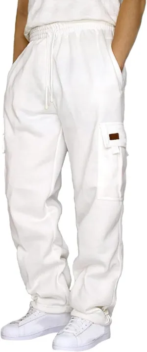 Men's Heavyweight Fleece Cargo Sweatpants Stretch Elastic Waist Jogger Sport Pants Drawstring Sports Trousers Mens Sweats