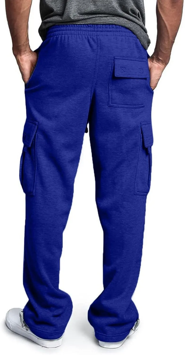 Men's Heavyweight Fleece Cargo Sweatpants Stretch Elastic Waist Jogger Sport Pants Drawstring Sports Trousers Mens Sweats