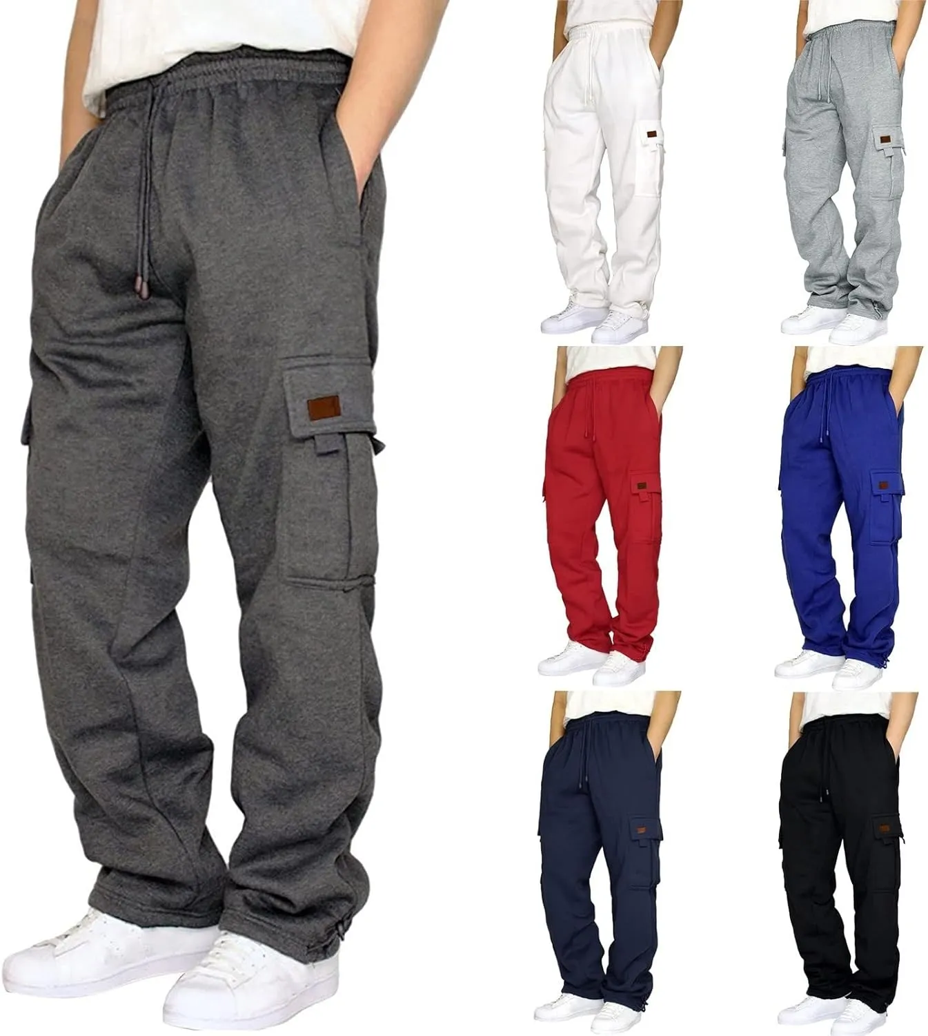 Men's Heavyweight Fleece Cargo Sweatpants Stretch Elastic Waist Jogger Sport Pants Drawstring Sports Trousers Mens Sweats