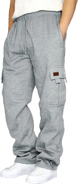Men's Heavyweight Fleece Cargo Sweatpants Stretch Elastic Waist Jogger Sport Pants Drawstring Sports Trousers Mens Sweats