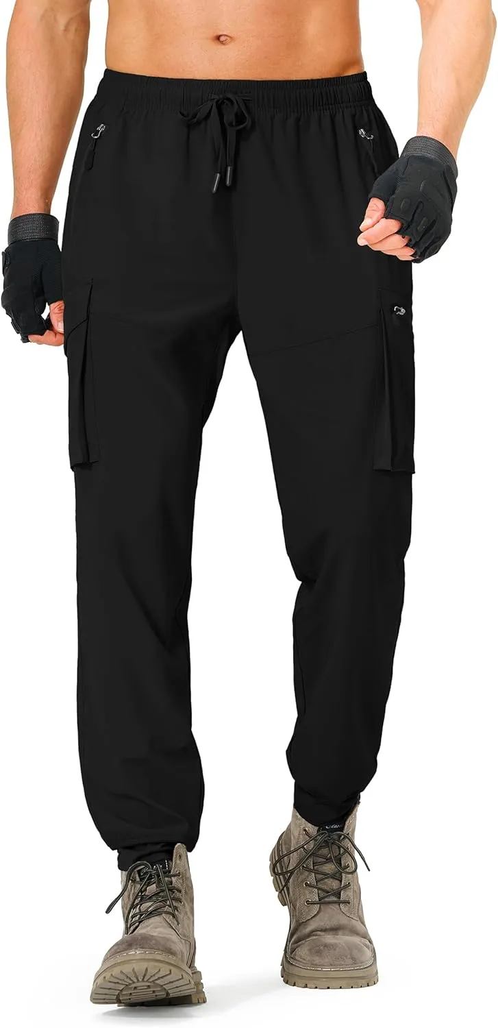 Men's Hiking Pants Cargo Lightweight Quick Dry Elastic Waist Golf Joggers with Zipper Pockets Water Resistant