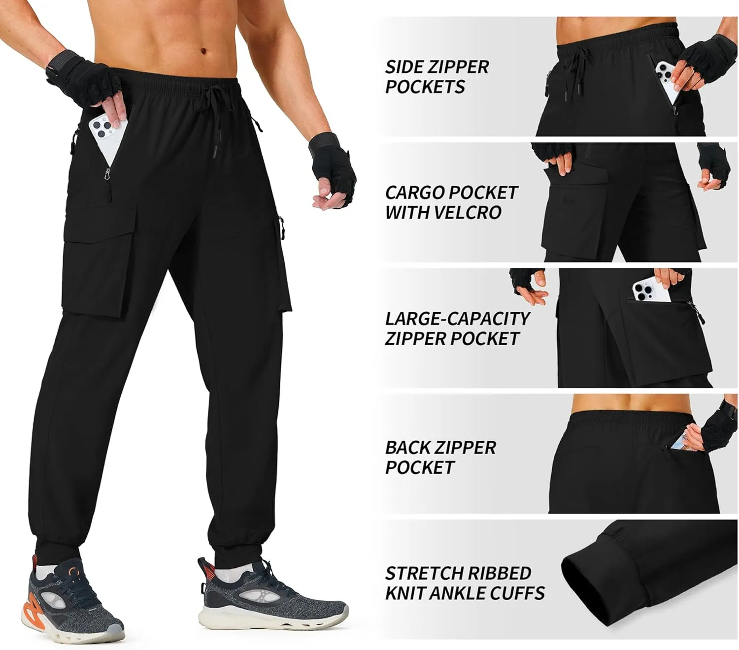 Men's Hiking Pants Cargo Lightweight Quick Dry Elastic Waist Golf Joggers with Zipper Pockets Water Resistant