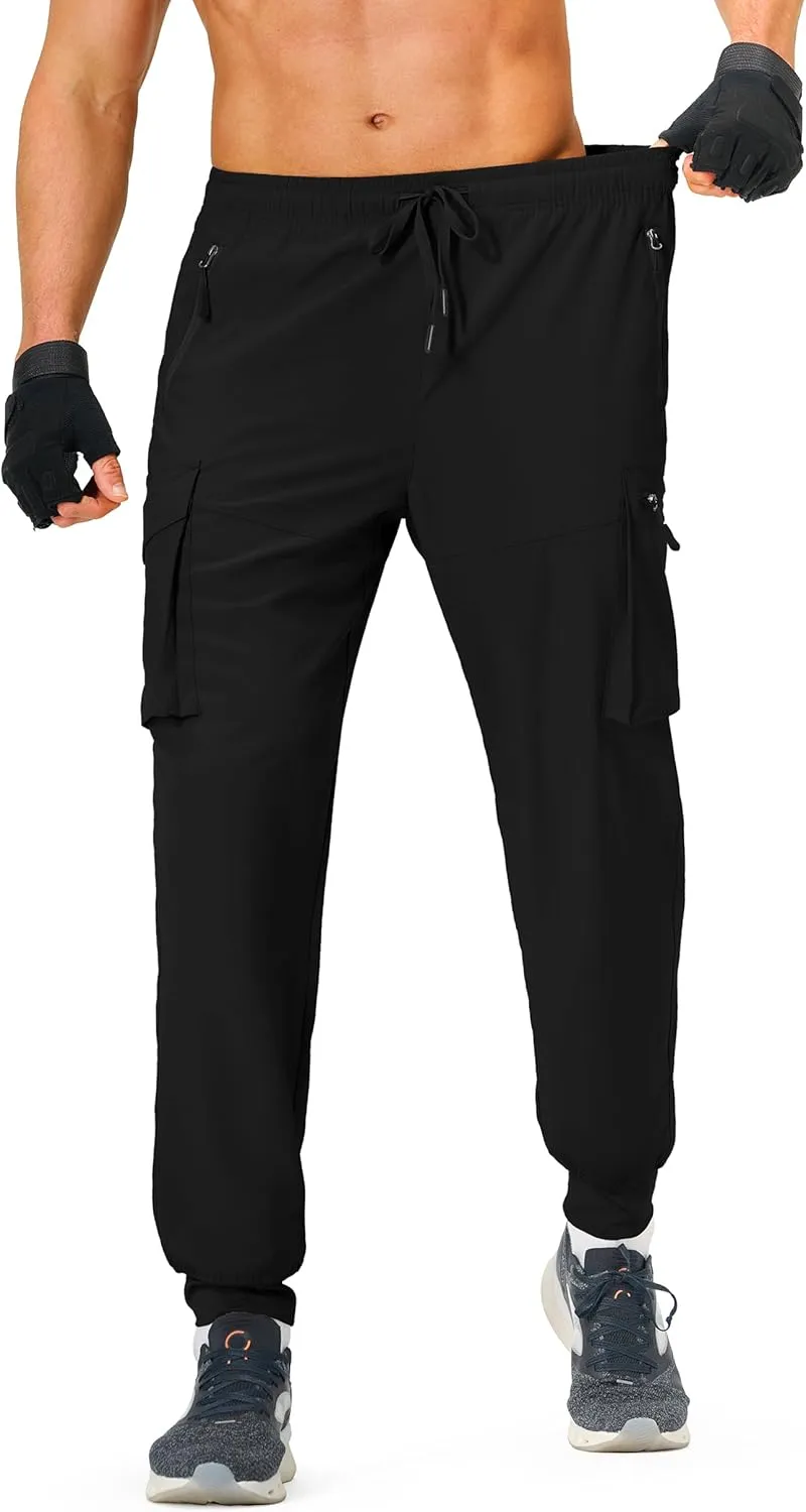 Men's Hiking Pants Cargo Lightweight Quick Dry Elastic Waist Golf Joggers with Zipper Pockets Water Resistant
